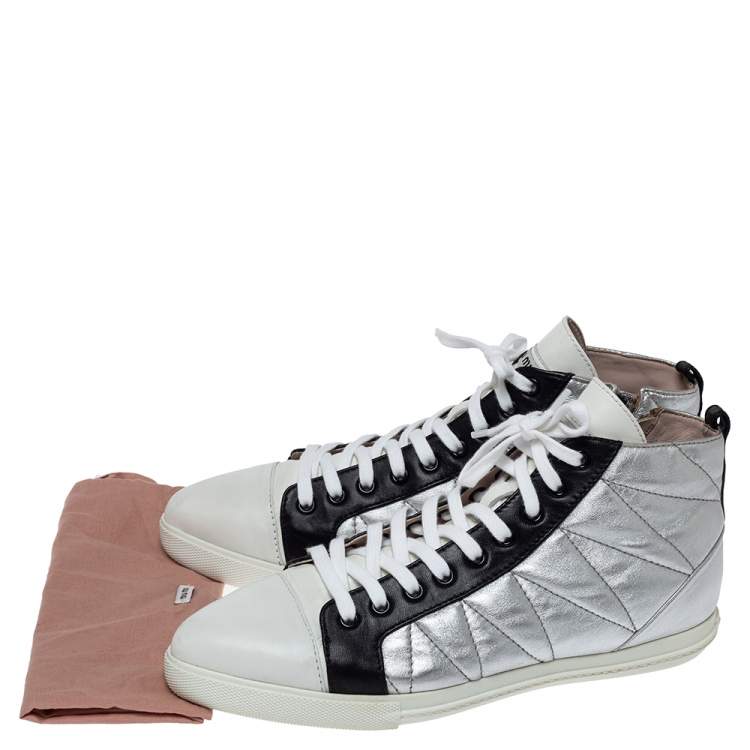 Pre Owned Miu Miu Silver/Black Quilted Leather Lace Up Zipper Sneakers Size 39.5