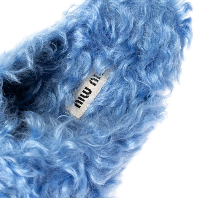 مملوكة مسبقًا Miu Miu Blue Faux Fur Flat Platform Espadrille Sandals Size 36