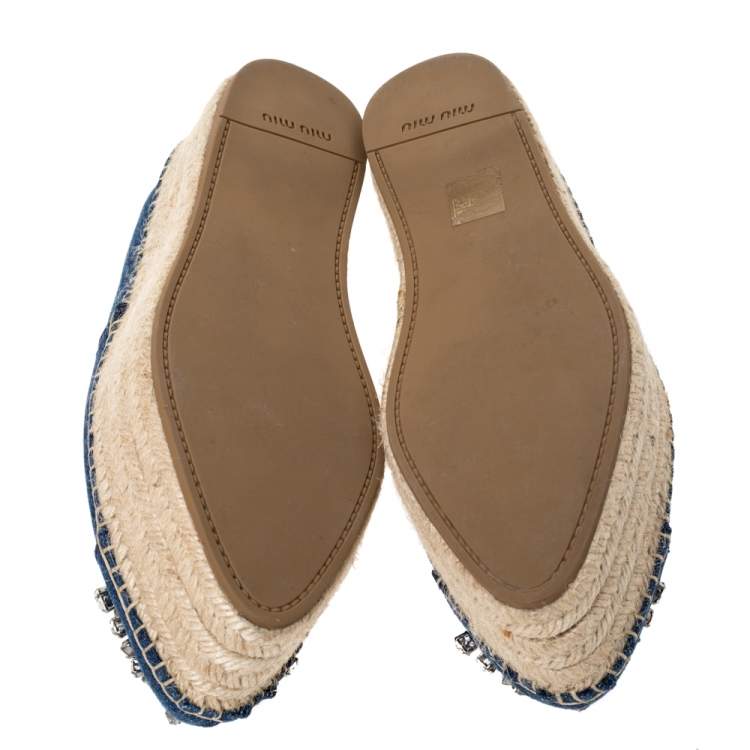 Pre Owned Miu Miu Blue Denim Fabric Crystal Embellished Platform Espadrilles Flats Size 40