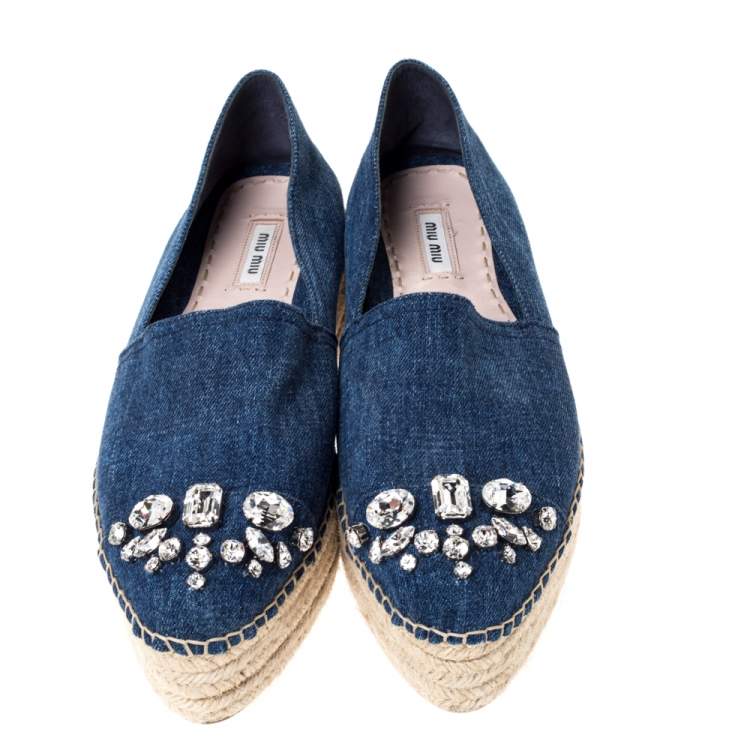 Pre Owned Miu Miu Blue Denim Fabric Crystal Embellished Platform Espadrilles Flats Size 40