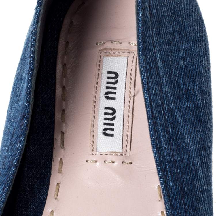 Pre Owned Miu Miu Blue Denim Fabric Crystal Embellished Platform Espadrilles Flats Size 40
