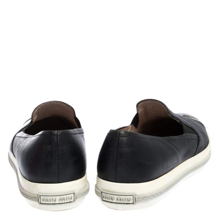 Pre Owned Miu Miu Black Leather Metal Cap Toe Slip On Sneakers Size 41