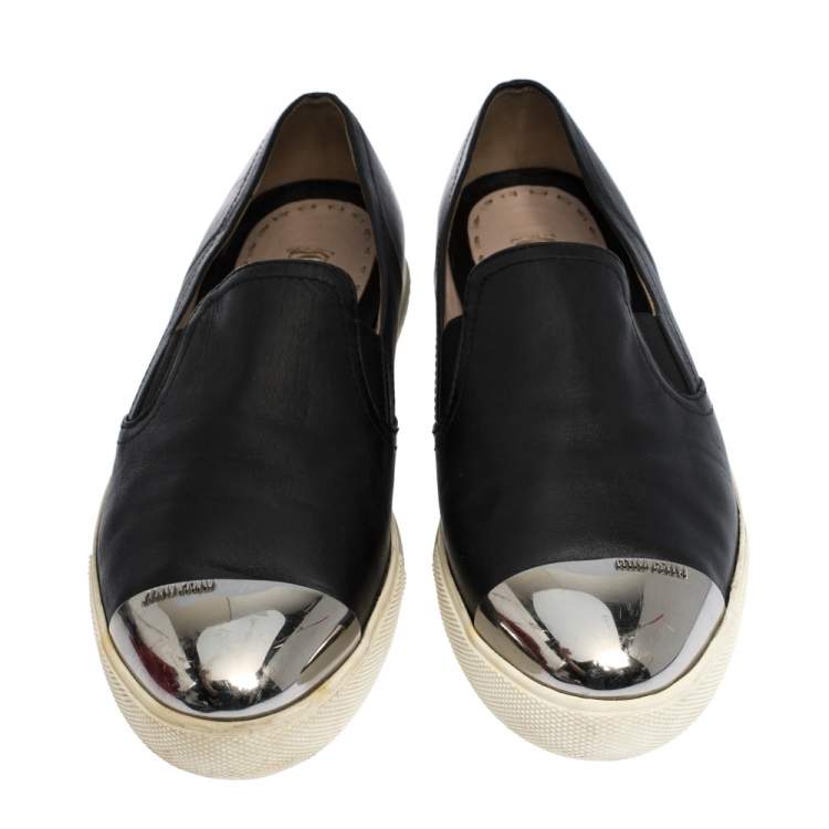 Pre Owned Miu Miu Black Leather Metal Cap Toe Slip On Sneakers Size 41