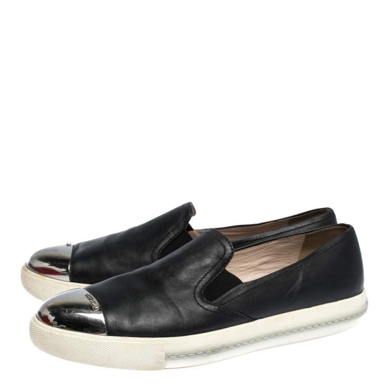 Pre Owned Miu Miu Black Leather Metal Cap Toe Slip On Sneakers Size 41