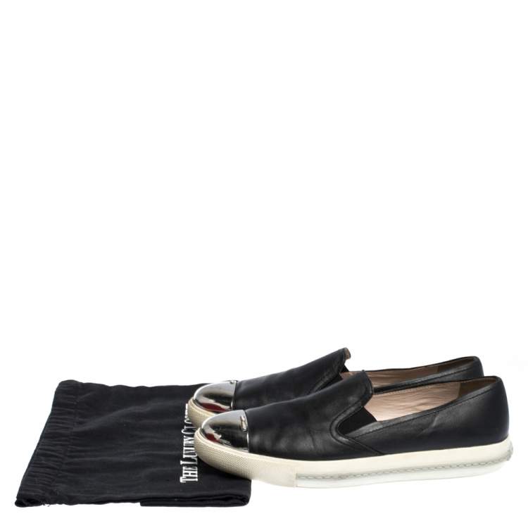 Pre Owned Miu Miu Black Leather Metal Cap Toe Slip On Sneakers Size 41