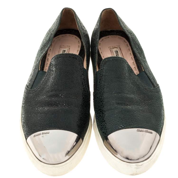 Pre Owned Miu Miu Green Crackled Leather Metal Cap Toe Slip On Sneakers Size 39