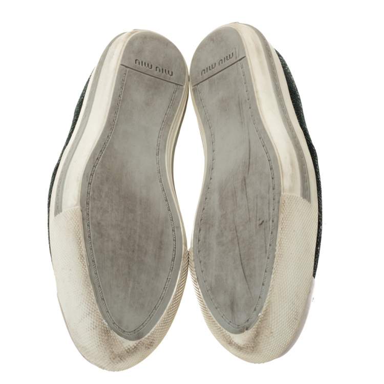 Pre Owned Miu Miu Green Crackled Leather Metal Cap Toe Slip On Sneakers Size 39