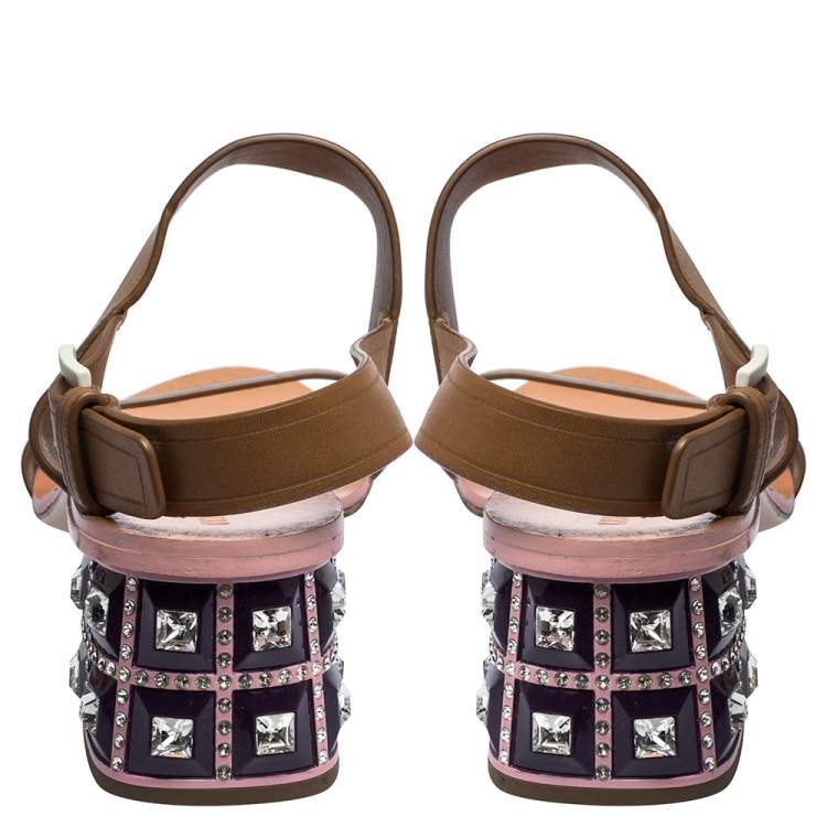 مملوكة مسبقًا Miu Miu Brown Leather Crystal Embellished Block Heel Ankle Strap Sandals Size 40
