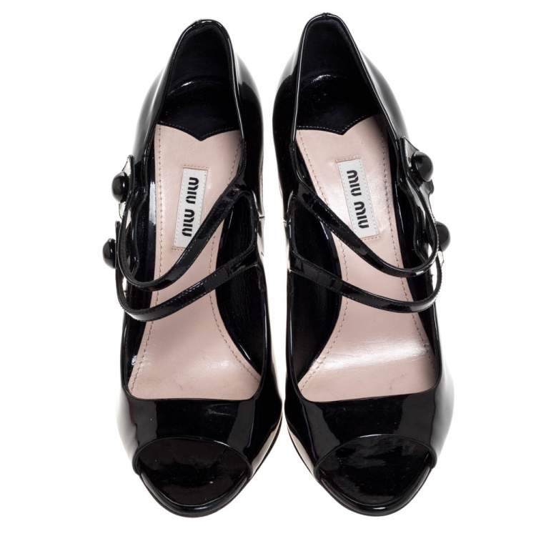 Pre Owned Miu Miu Black Patent Double Strap Mary Jane Peep Toe Pumps Size 37.5