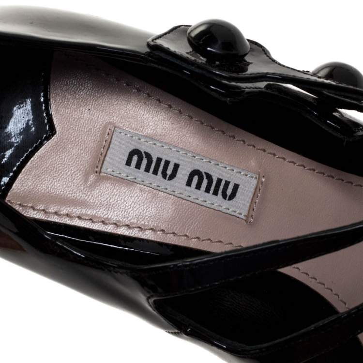 Pre Owned Miu Miu Black Patent Double Strap Mary Jane Peep Toe Pumps Size 37.5