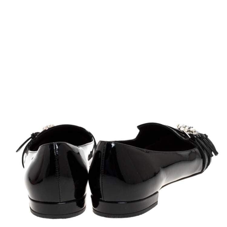 Pre Owned Miu Miu Black Patent Leather Trio Buckle Embellished Ballet Flat Size 37.5