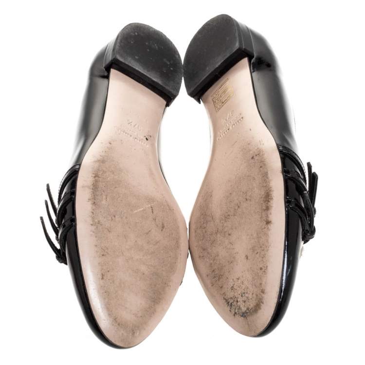 Pre Owned Miu Miu Black Patent Leather Trio Buckle Embellished Ballet Flat Size 37.5