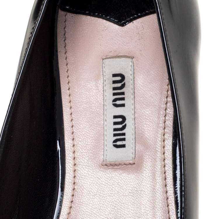 Pre Owned Miu Miu Black Patent Leather Trio Buckle Embellished Ballet Flat Size 37.5
