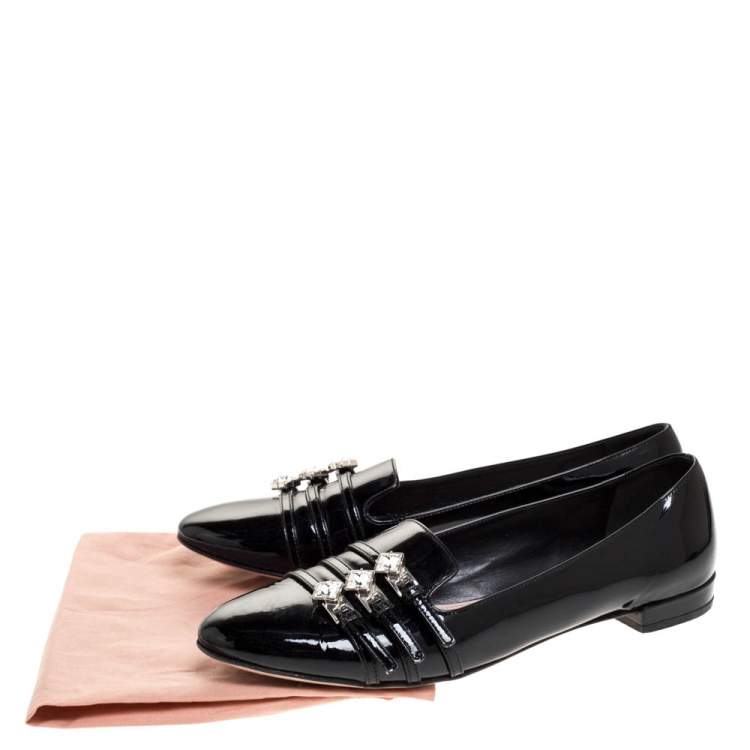 Pre Owned Miu Miu Black Patent Leather Trio Buckle Embellished Ballet Flat Size 37.5