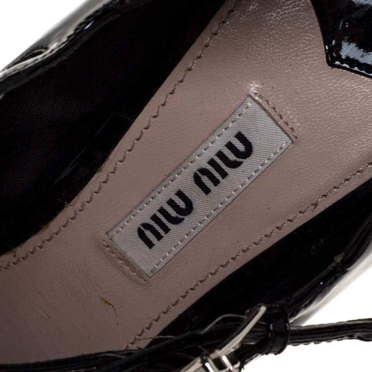 Pre Owned Miu Miu Black Patent Leather Trio Embellished Strap Mary Jane Block Heel Pumps Size 37.5