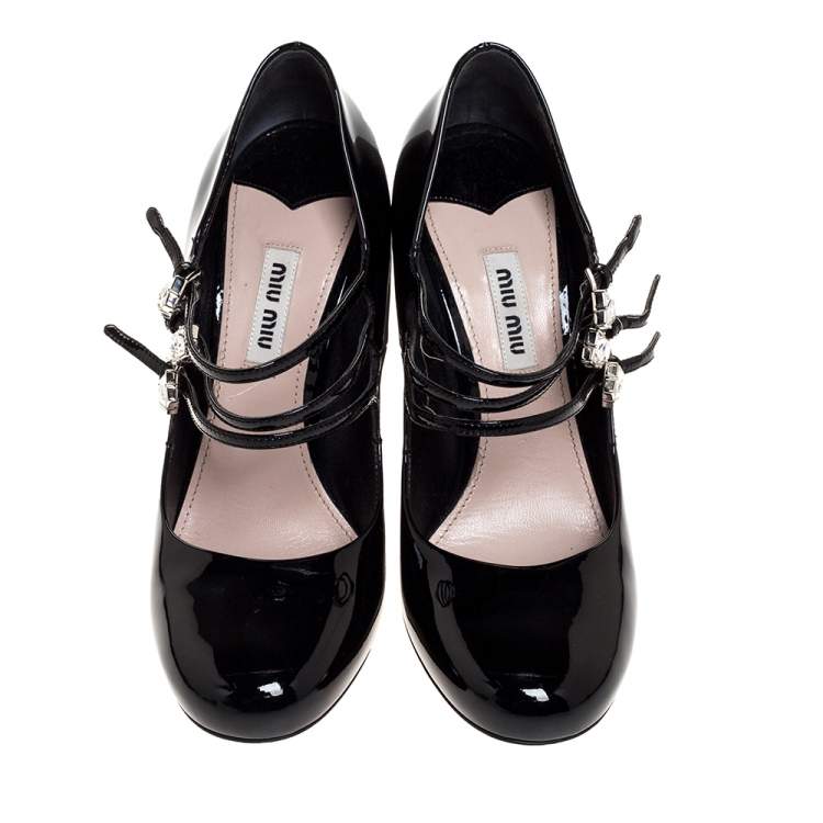 Pre Owned Miu Miu Black Patent Leather Trio Embellished Strap Mary Jane Block Heel Pumps Size 37.5