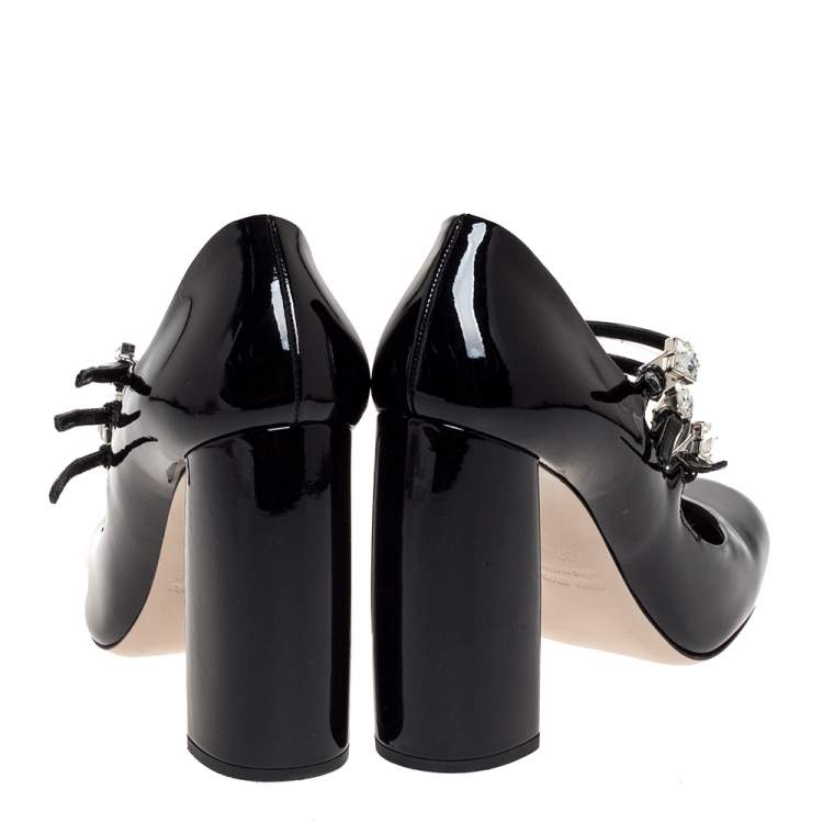 Pre Owned Miu Miu Black Patent Leather Trio Embellished Strap Mary Jane Block Heel Pumps Size 37.5