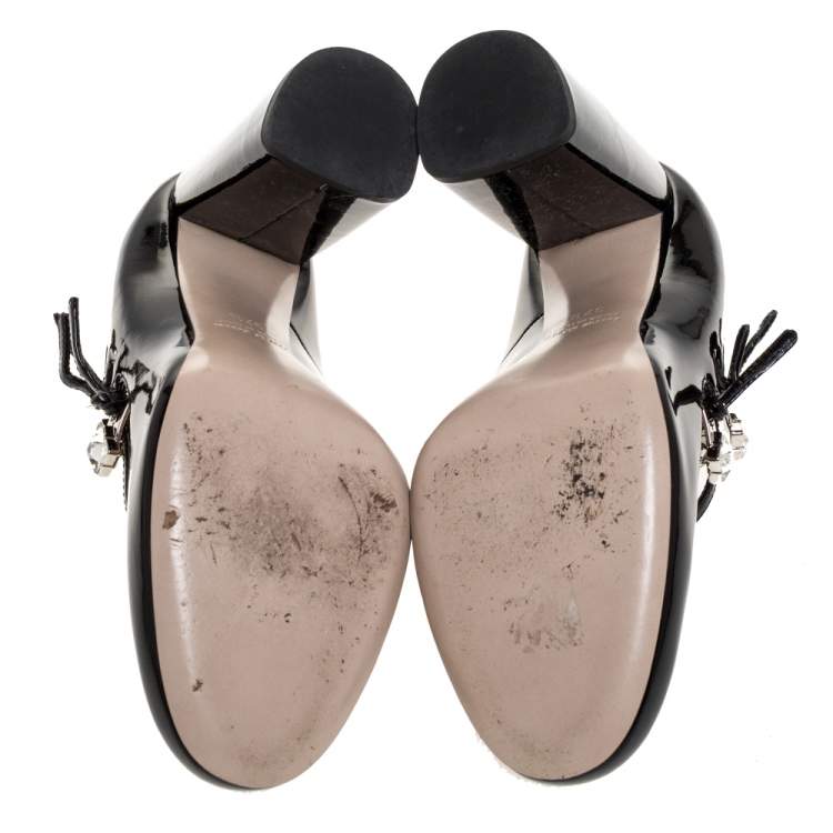 Pre Owned Miu Miu Black Patent Leather Trio Embellished Strap Mary Jane Block Heel Pumps Size 37.5
