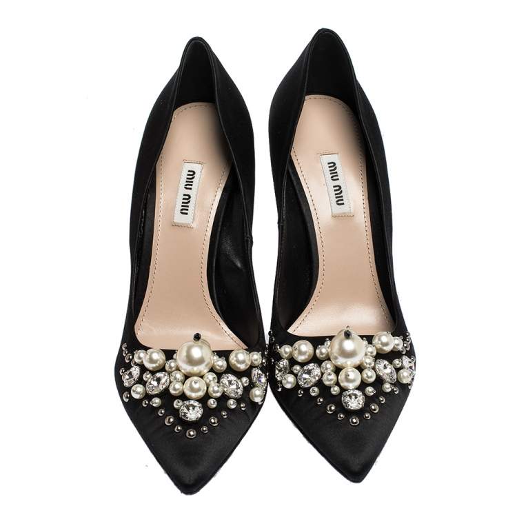 Pre Owned Miu Miu Black Satin Crystal and Pearl Embellished Pointed Toe Pumps Size 41