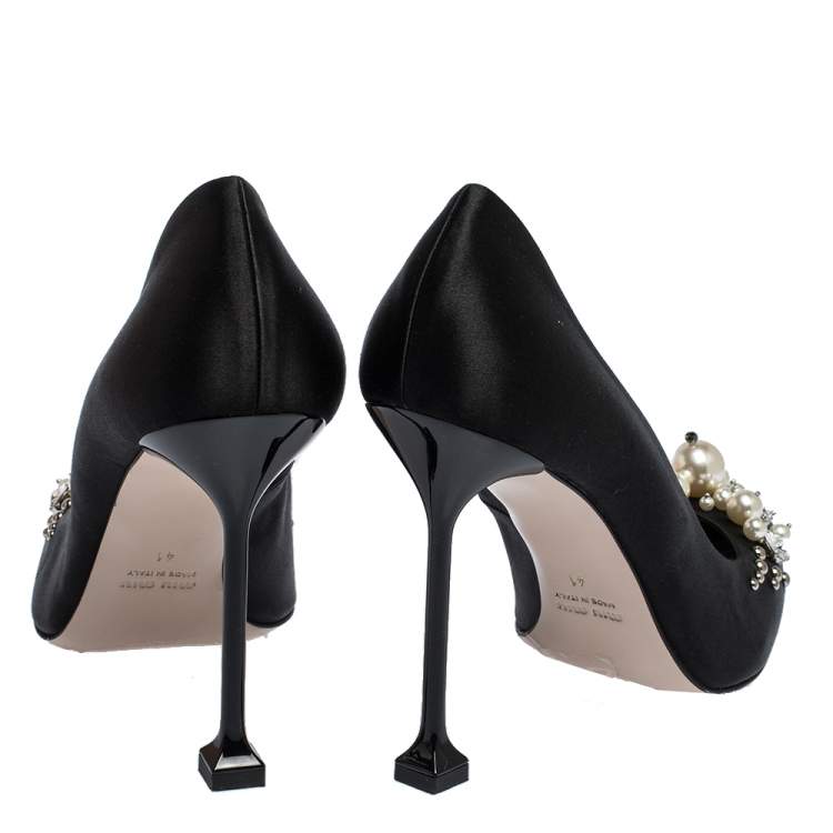 Pre Owned Miu Miu Black Satin Crystal and Pearl Embellished Pointed Toe Pumps Size 41