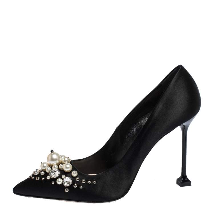 Pre Owned Miu Miu Black Satin Crystal and Pearl Embellished Pointed Toe Pumps Size 41