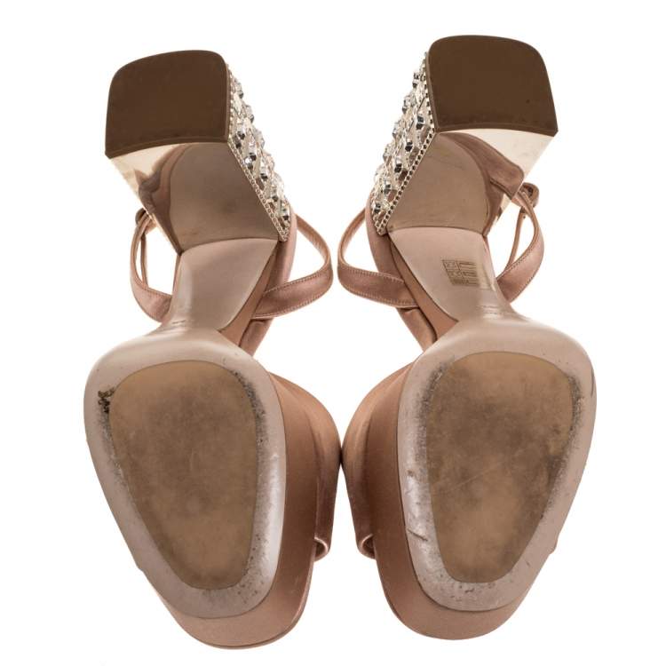 Pre Owned Miu Miu Nude Pink Satin Crystal Embellished Heel Platform Sandals Size 39.5