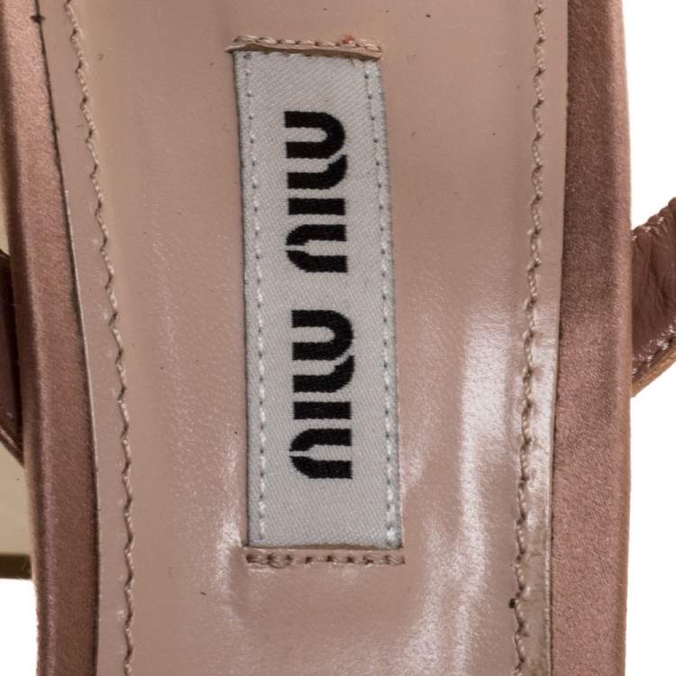 Pre Owned Miu Miu Nude Pink Satin Crystal Embellished Heel Platform Sandals Size 39.5