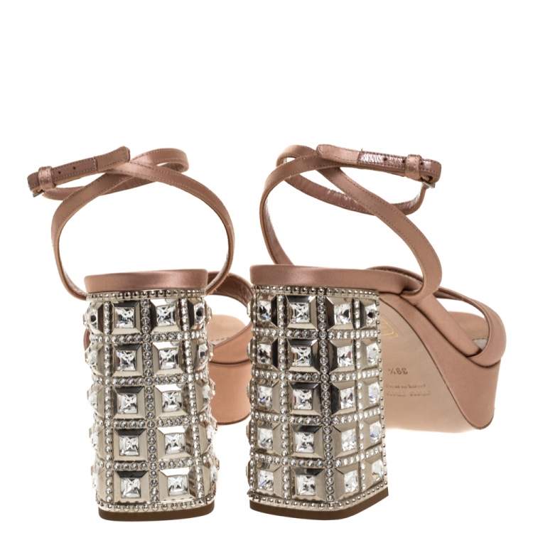 Pre Owned Miu Miu Nude Pink Satin Crystal Embellished Heel Platform Sandals Size 39.5