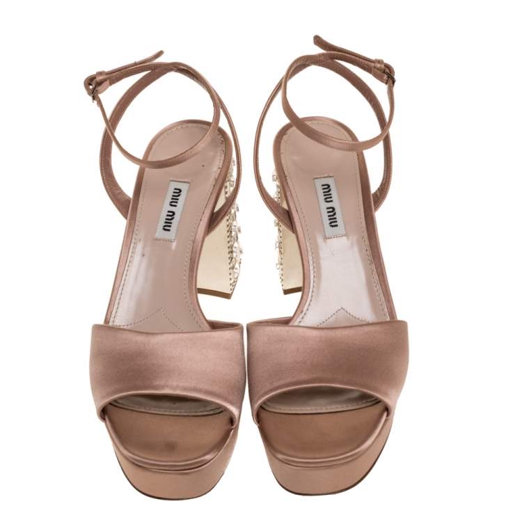 Pre Owned Miu Miu Nude Pink Satin Crystal Embellished Heel Platform Sandals Size 39.5