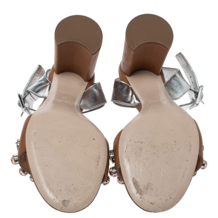 Pre Owned Miu Miu Brown/Metallic Silver Leather Crystal Embellished Block Heel Ankle Strap Sandals Size 39