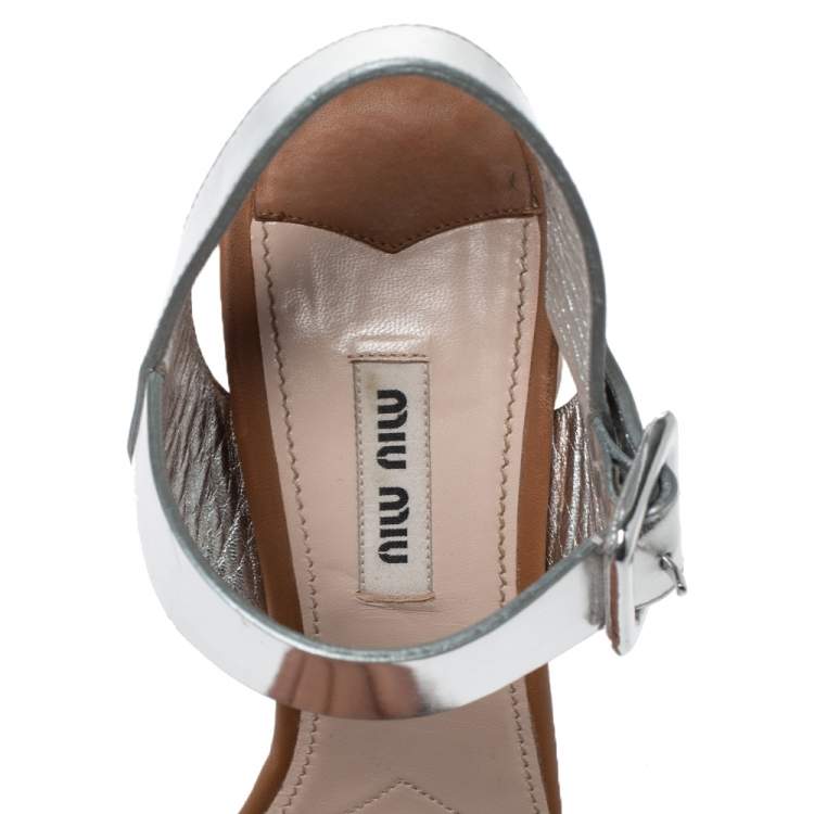 Pre Owned Miu Miu Brown/Metallic Silver Leather Crystal Embellished Block Heel Ankle Strap Sandals Size 39