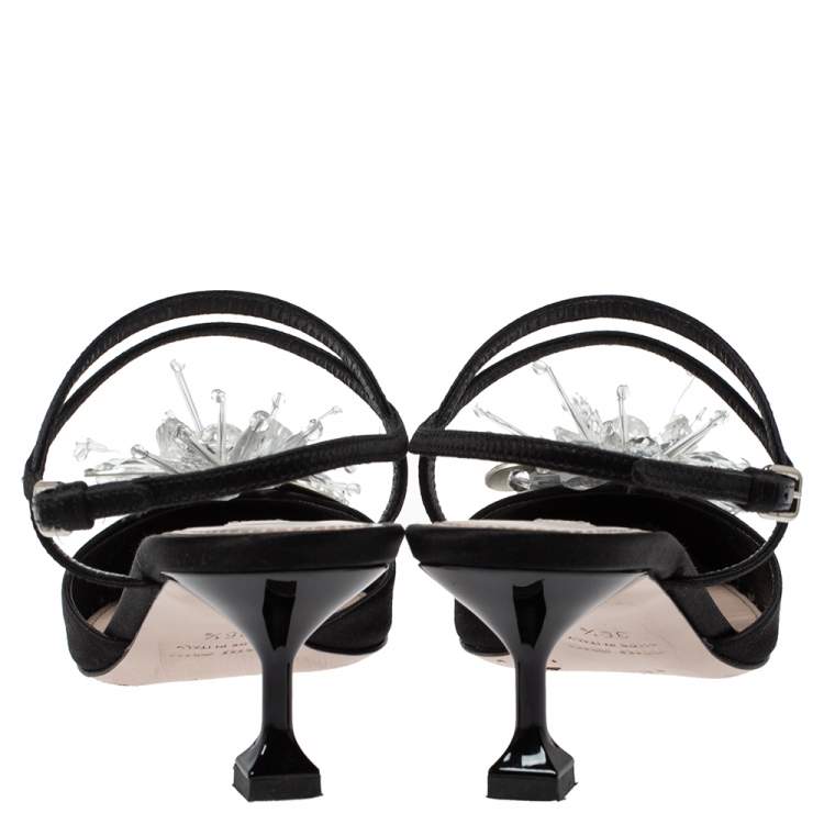 مملوكة مسبقًا Miu Miu Black Satin Crystal Embellished Ankle Strap Sandals Size 36.5