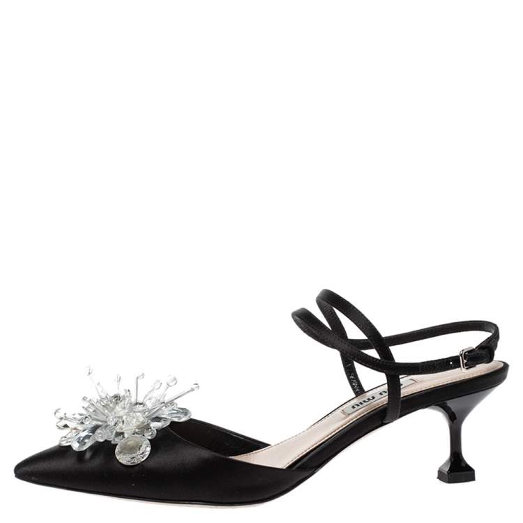 مملوكة مسبقًا Miu Miu Black Satin Crystal Embellished Ankle Strap Sandals Size 36.5