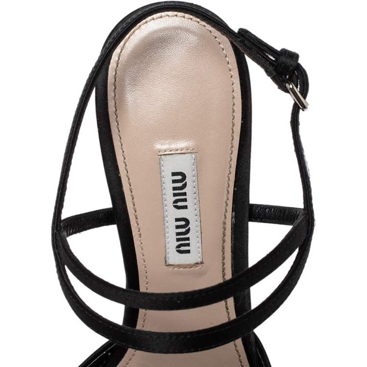 مملوكة مسبقًا Miu Miu Black Satin Crystal Embellished Ankle Strap Sandals Size 36.5