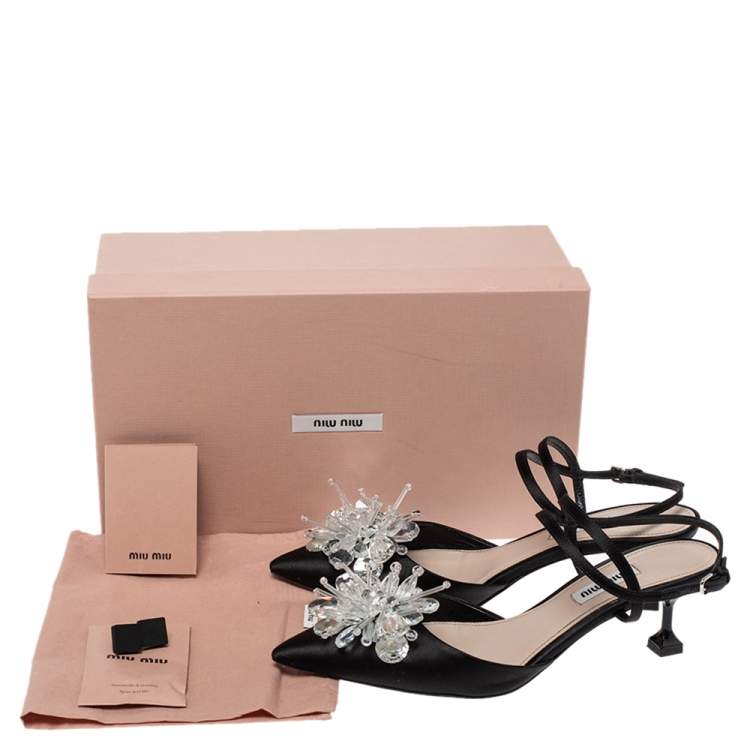 مملوكة مسبقًا Miu Miu Black Satin Crystal Embellished Ankle Strap Sandals Size 36.5