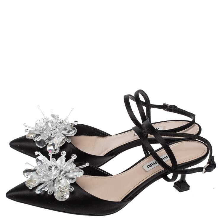 مملوكة مسبقًا Miu Miu Black Satin Crystal Embellished Ankle Strap Sandals Size 36.5