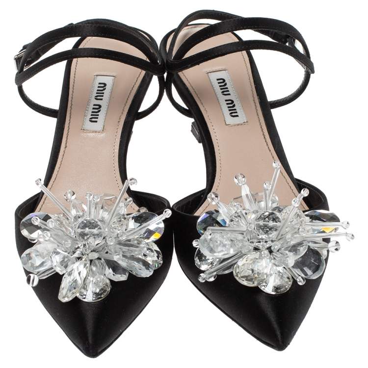مملوكة مسبقًا Miu Miu Black Satin Crystal Embellished Ankle Strap Sandals Size 36.5