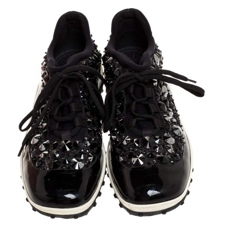 Pre Owned Miu Miu Black/White Fabric and Patent Leather Embellished Astro Sneakers Size 38.5