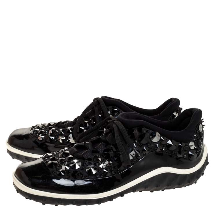 Pre Owned Miu Miu Black/White Fabric and Patent Leather Embellished Astro Sneakers Size 38.5