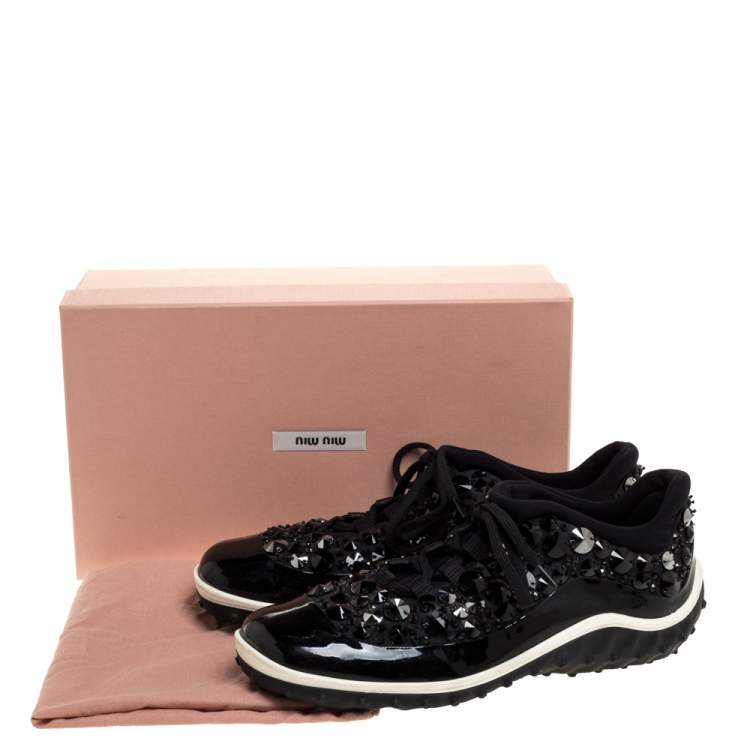 Pre Owned Miu Miu Black/White Fabric and Patent Leather Embellished Astro Sneakers Size 38.5