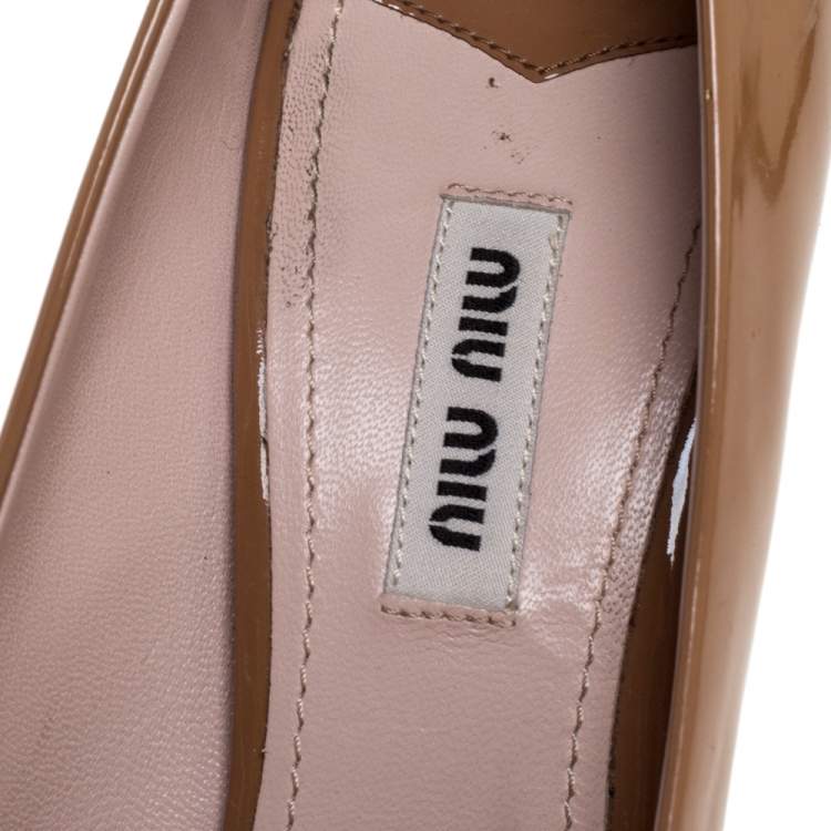 Pre Owned Miu Miu Beige Patent Leather Bow Peep Toe Platform Pumps Size 38