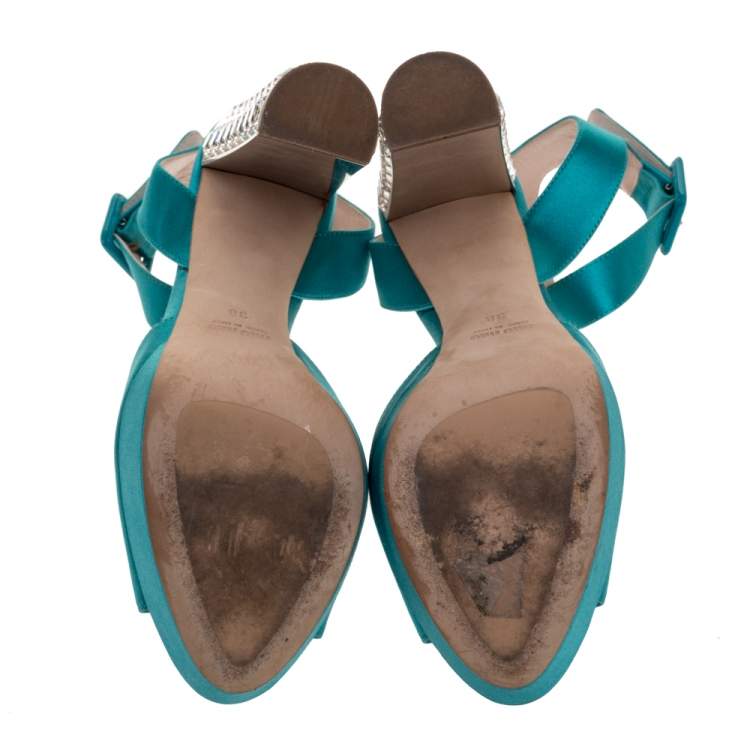 Pre Owned Miu Miu Green Satin Crystal Embellished Heel Platform Ankle Cuff Sandals Sandals Size 38