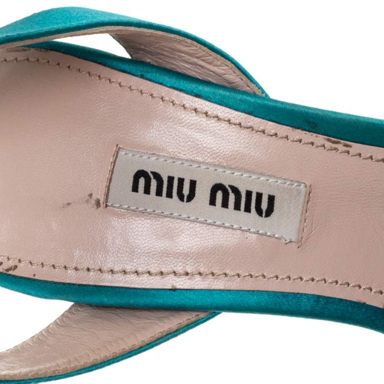 Pre Owned Miu Miu Green Satin Crystal Embellished Heel Platform Ankle Cuff Sandals Sandals Size 38