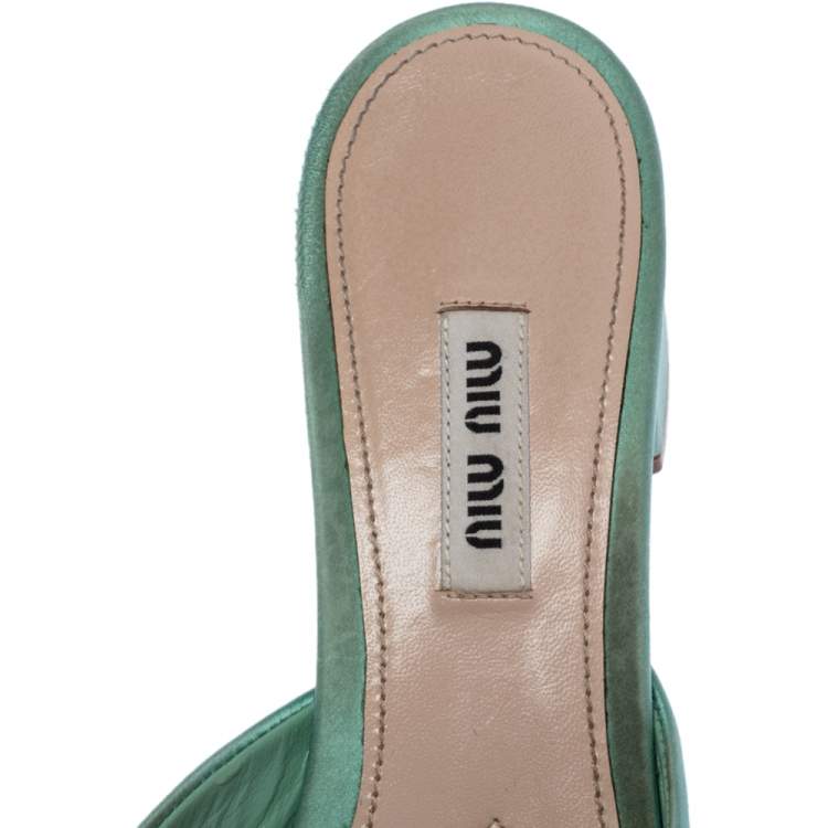 Pre Owned Miu Miu Pista Green Satin Crystal Embellished Slide Mules Size 37