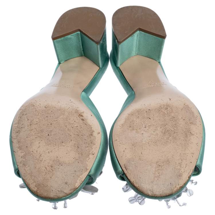 Pre Owned Miu Miu Pista Green Satin Crystal Embellished Slide Mules Size 37