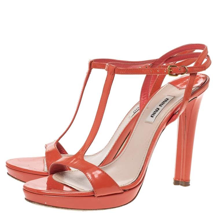 Pre Owned Miu Miu Orange Patent Leather T Strap Platform Sandals Size 39