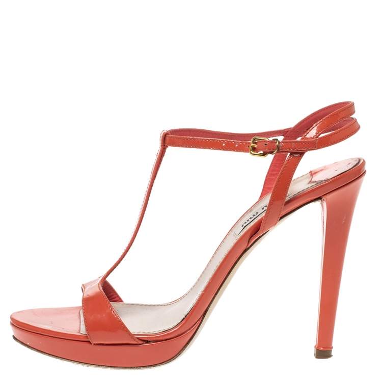 Pre Owned Miu Miu Orange Patent Leather T Strap Platform Sandals Size 39