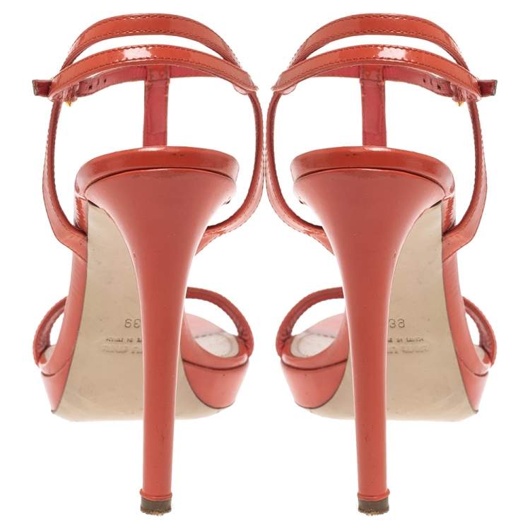 Pre Owned Miu Miu Orange Patent Leather T Strap Platform Sandals Size 39