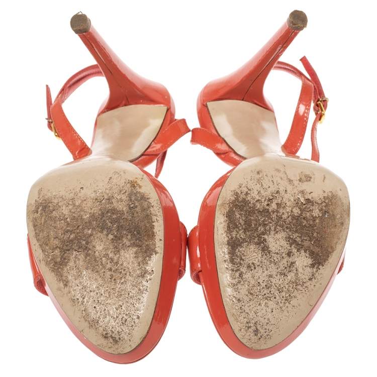 Pre Owned Miu Miu Orange Patent Leather T Strap Platform Sandals Size 39