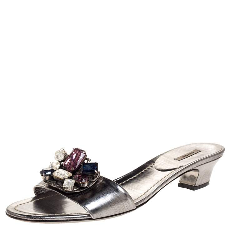 Pre Owned Miu Miu Silver Leather Crystal Embellished Slide Sandals Size 40